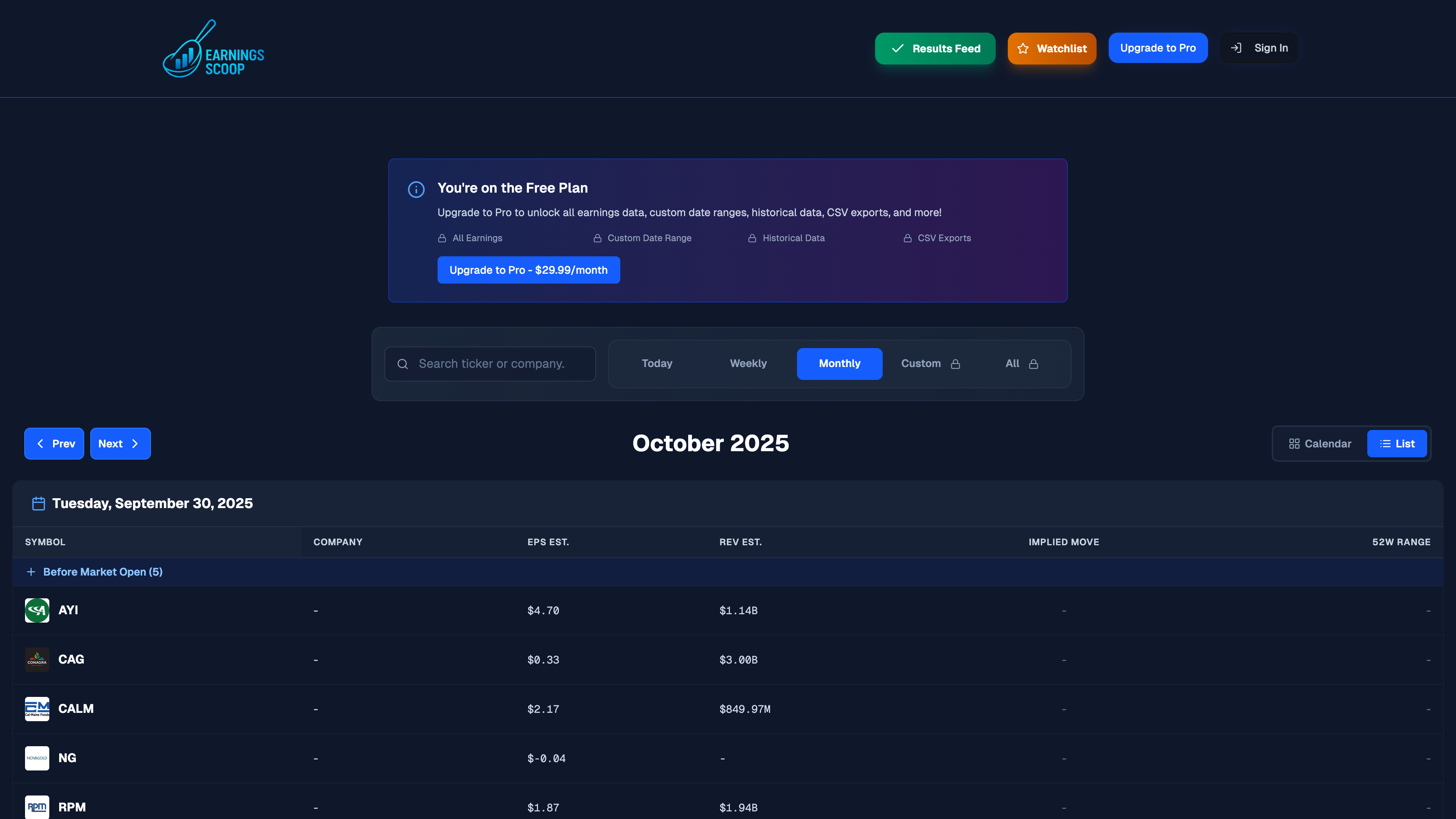 Live Earnings Calendar Platform